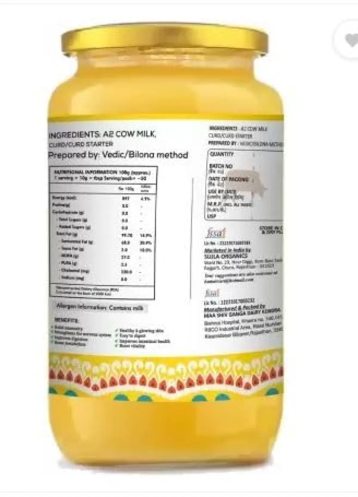 Sujla A2 Desi Gir Cow Ghee 500ML | Glass Jar | Vedic Bilona Method | Curd-Churned | Pure, Natural & Healthy | Lab tested| Brand: Sujla