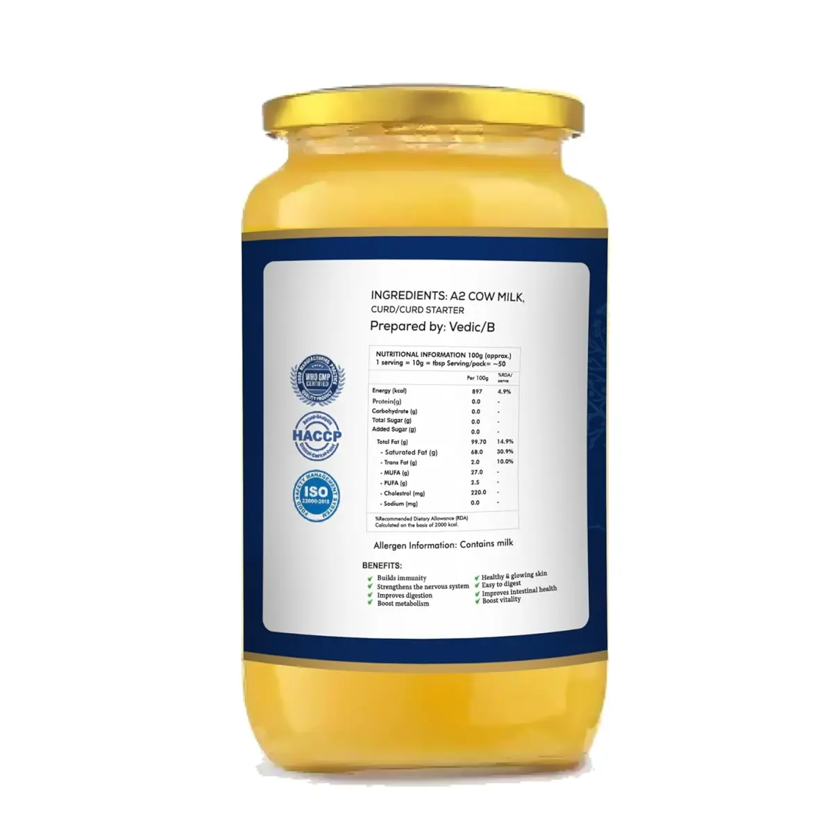 Sujla Hallikar Cow Ghee | Rich in Omega-3 & Vitamins for Digestive, Immune, Heart, Skin, and Brain Health | 1000 ml Glass Bottle
